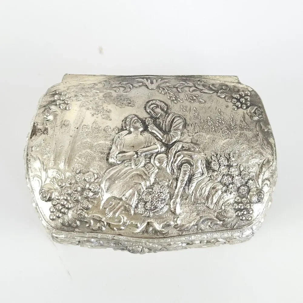 VTG Silver Tone Ornate Footed Jewelry Trinket Box Lined Victorian Cottage 4x2.5